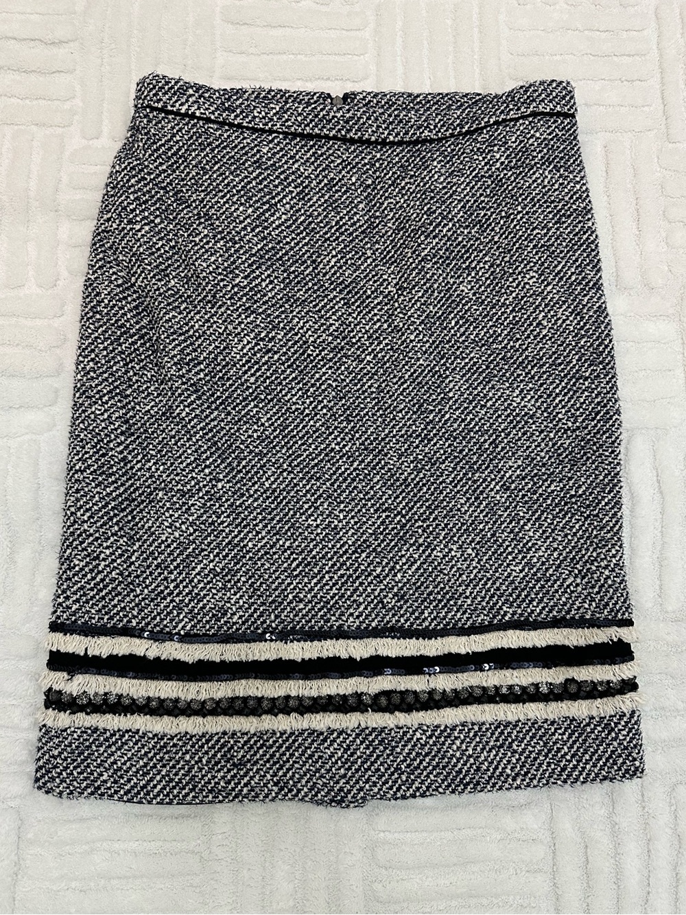 Tory Burch Navy Blue Cream Tweed Fringe Sequin Mini Skirt Size 4